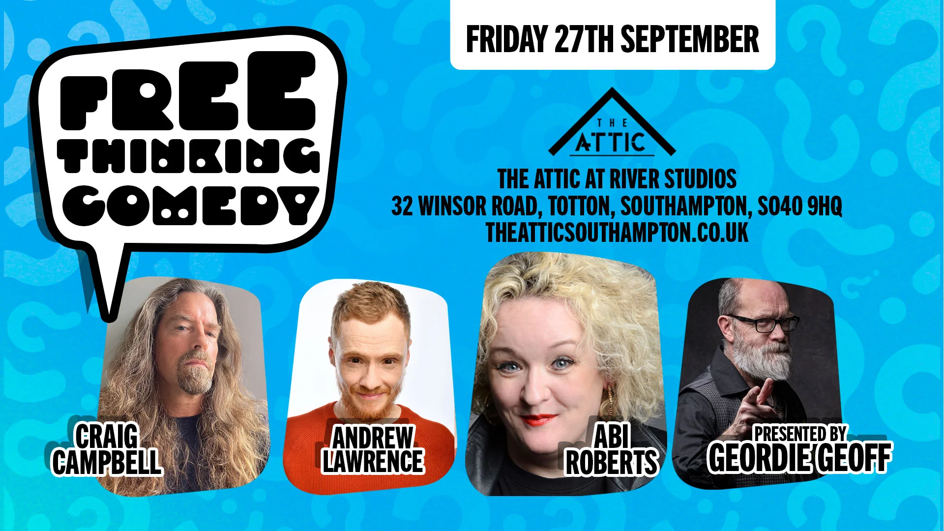 Free Thinking Stand up Comedy Night in Hampshire with Craig Campbell, Abi Roberts & Andrew Lawrence- Friday 27th September